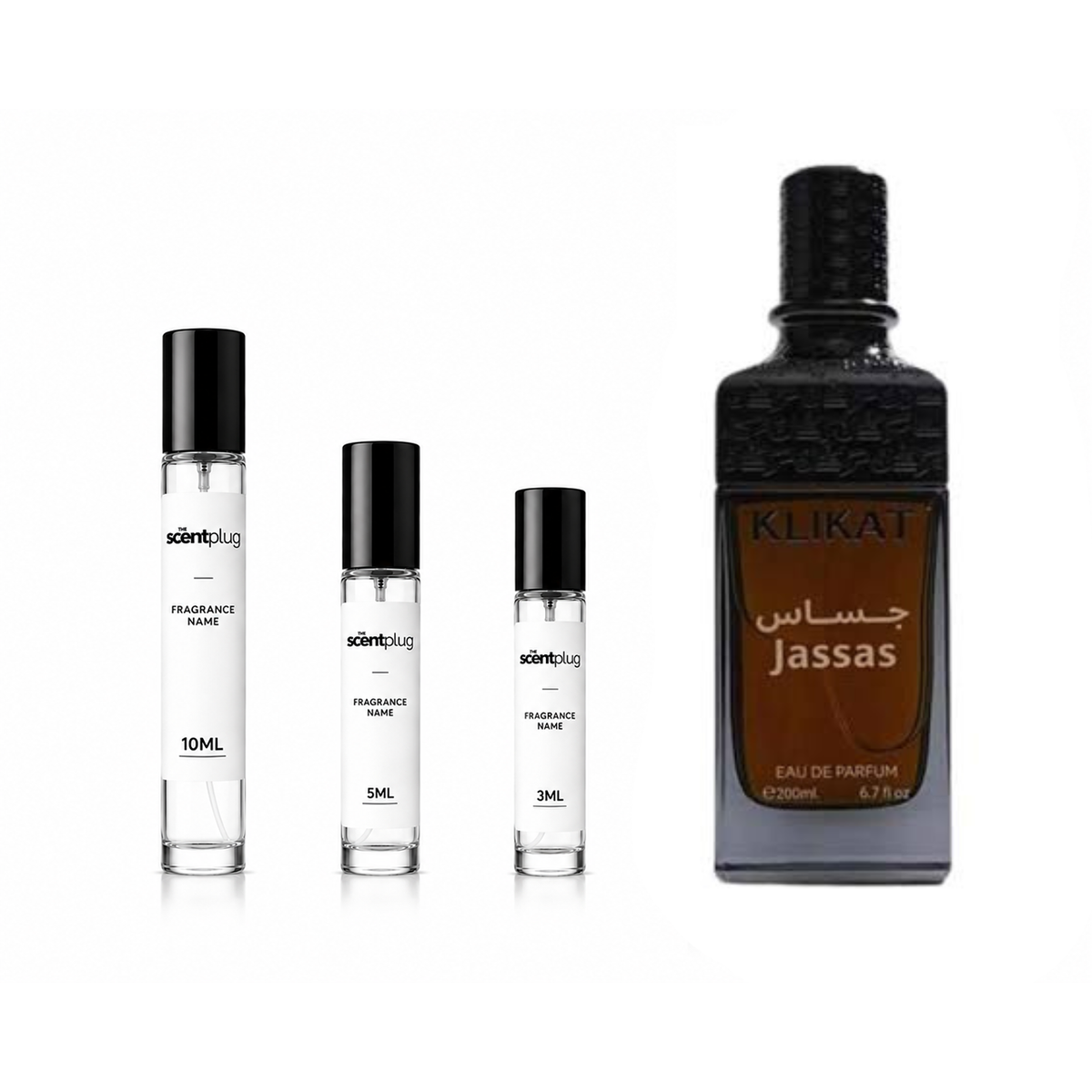 KLIKAT JASSAS decant sample bottle from The Scent Plug with clear label and sleek design for fragrance sampling.
