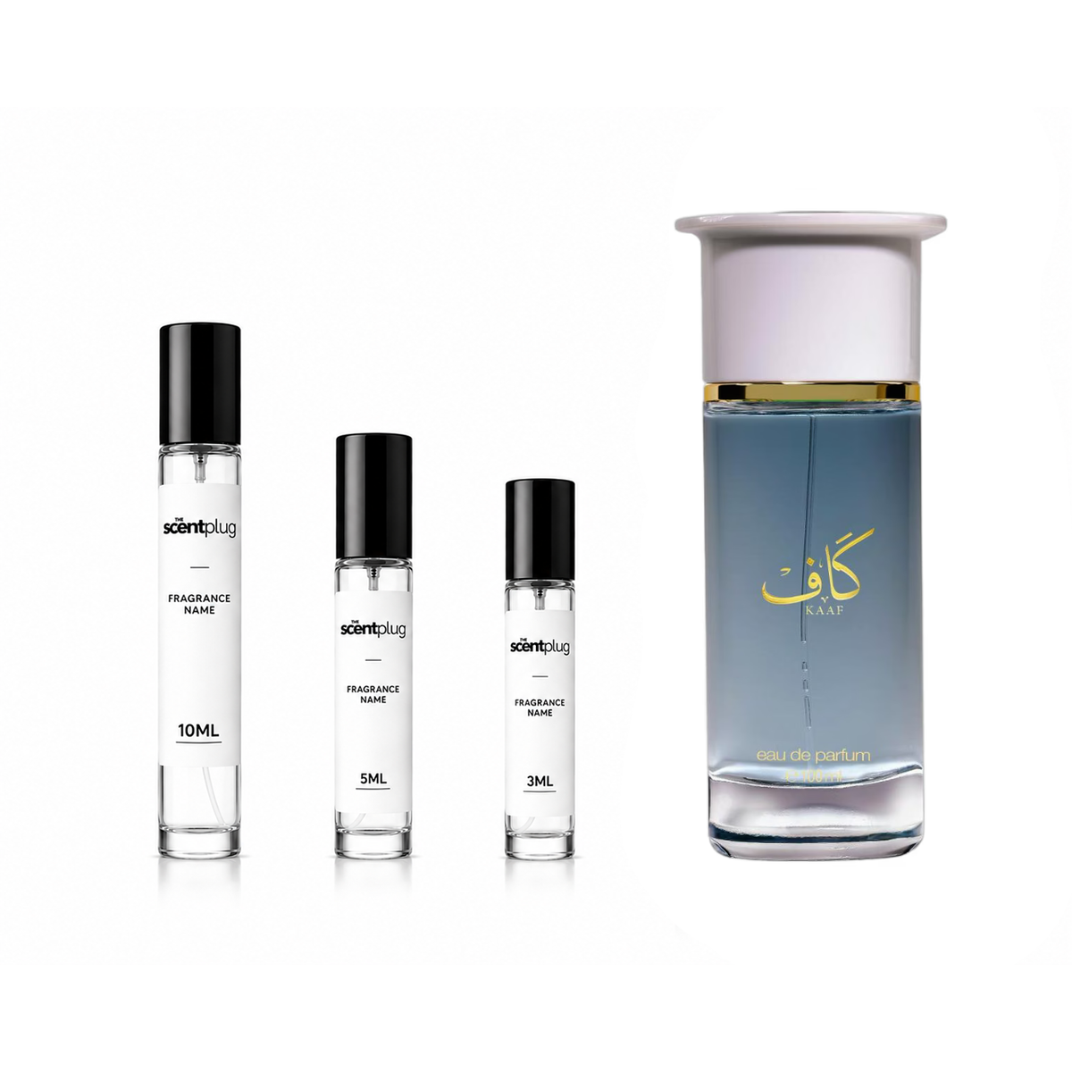 Sample of Kaaf Ahmed Al Maghribi perfume decant by The Scent Plug, showcasing a small glass bottle with a black cap.