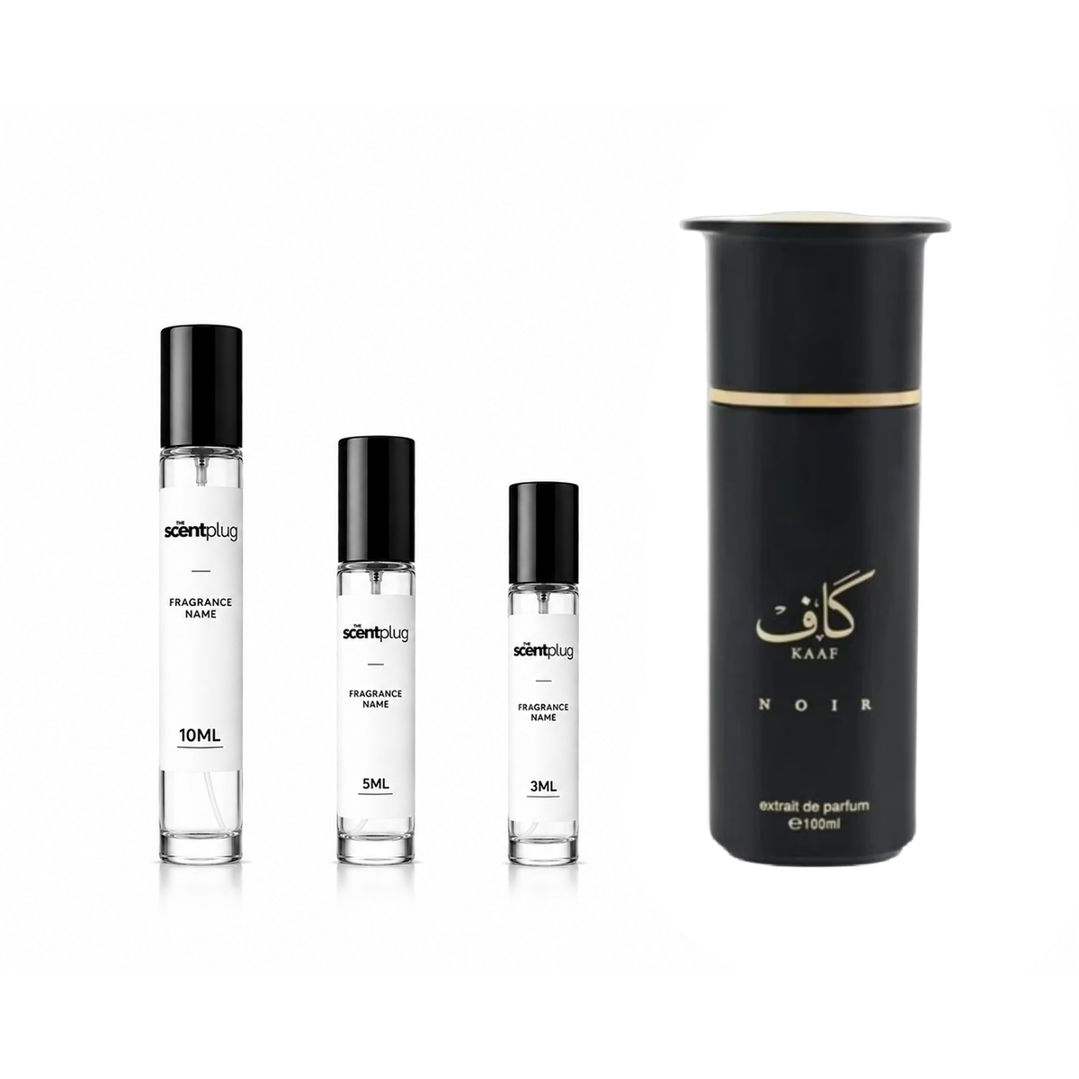 Sample of Kaaf Noir Ahmed Al Maghribi perfume decant by The Scent Plug, showcasing the elegant fragrance bottle and packaging.