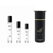 Sample of Kaaf Noir Ahmed Al Maghribi perfume decant by The Scent Plug, showcasing the elegant fragrance bottle and packaging.