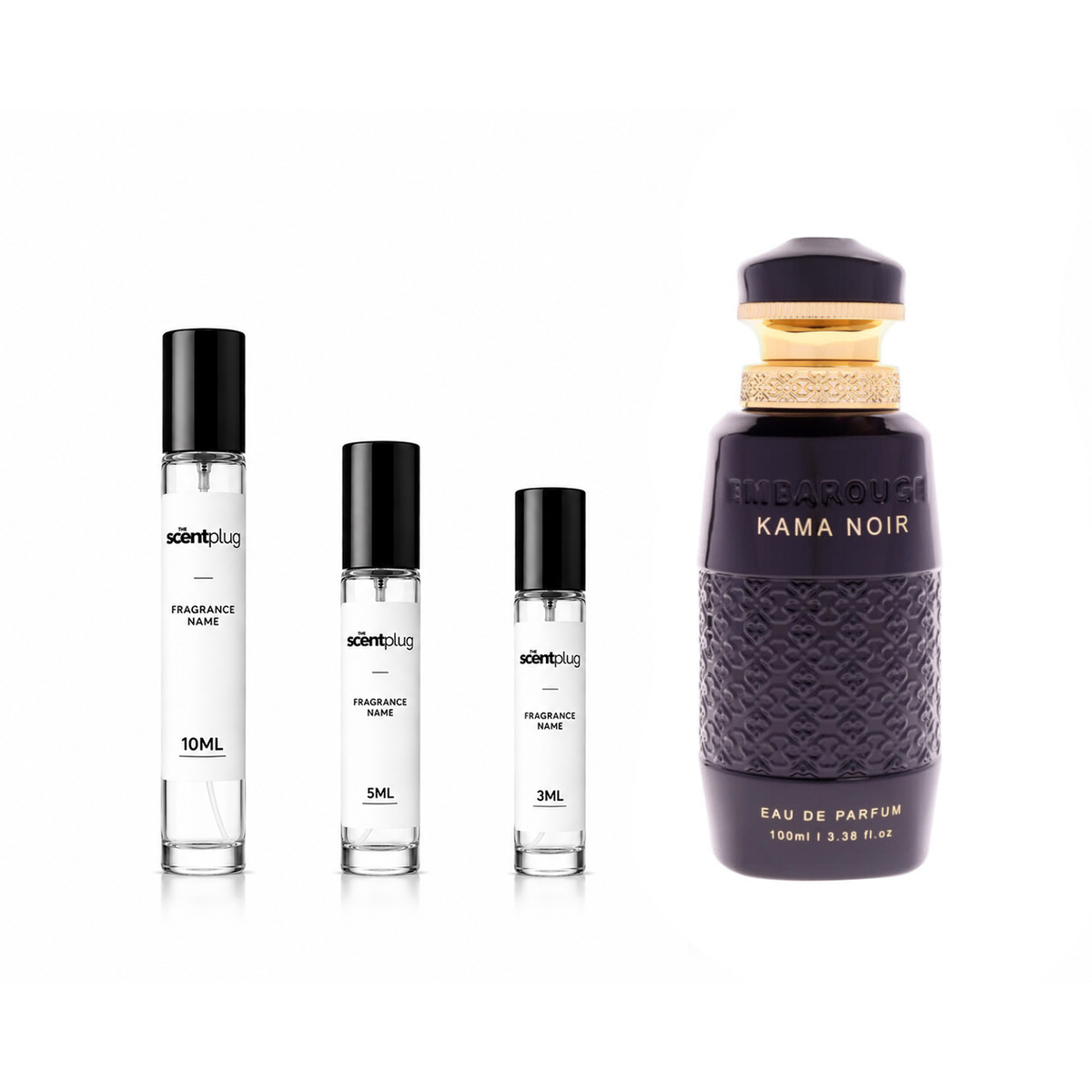 Sample of Kama Noir Embarouge perfume decant by The Scent Plug, showcasing the elegant fragrance bottle and packaging.
