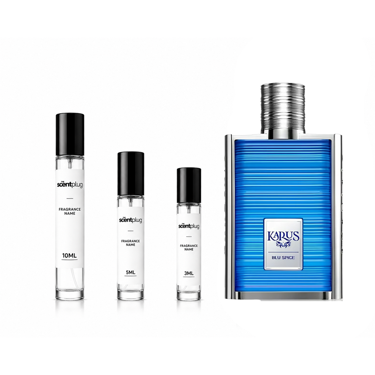 Sample decant of Karus Blu Spice Khadlaj perfume by The Scent Plug, showcasing the small, elegant perfume bottle with a sleek design.