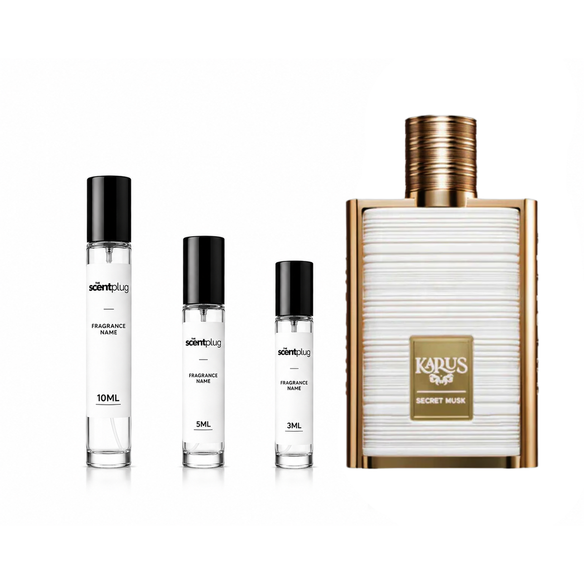 Decant of Karus Secret Musk Khadlaj perfume by The Scent Plug, featuring a small sample bottle of the musky fragrance.
