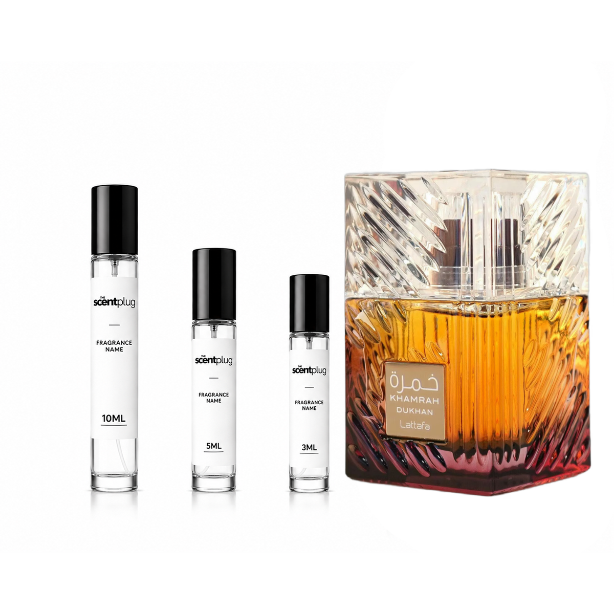 Khamrah Dukhan Lattafa Perfumes decant sample bottle from The Scent Plug with elegant packaging and fragrance label.
