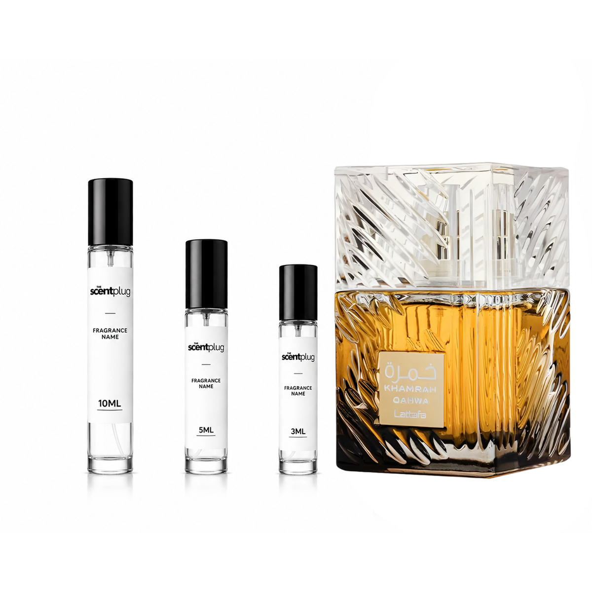 Sample of Khamrah Qahwa Lattafa Perfumes decant in a small vial, showcasing the fragrance label and packaging details.