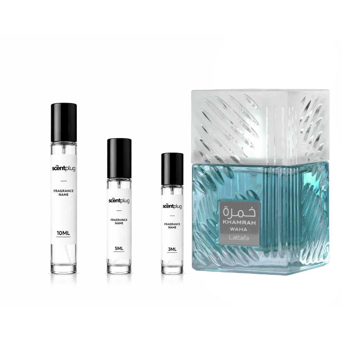 Khamrah Waha Lattafa perfume decant sample in a small glass bottle with a spray nozzle, showcasing the fragrance's elegant packaging.