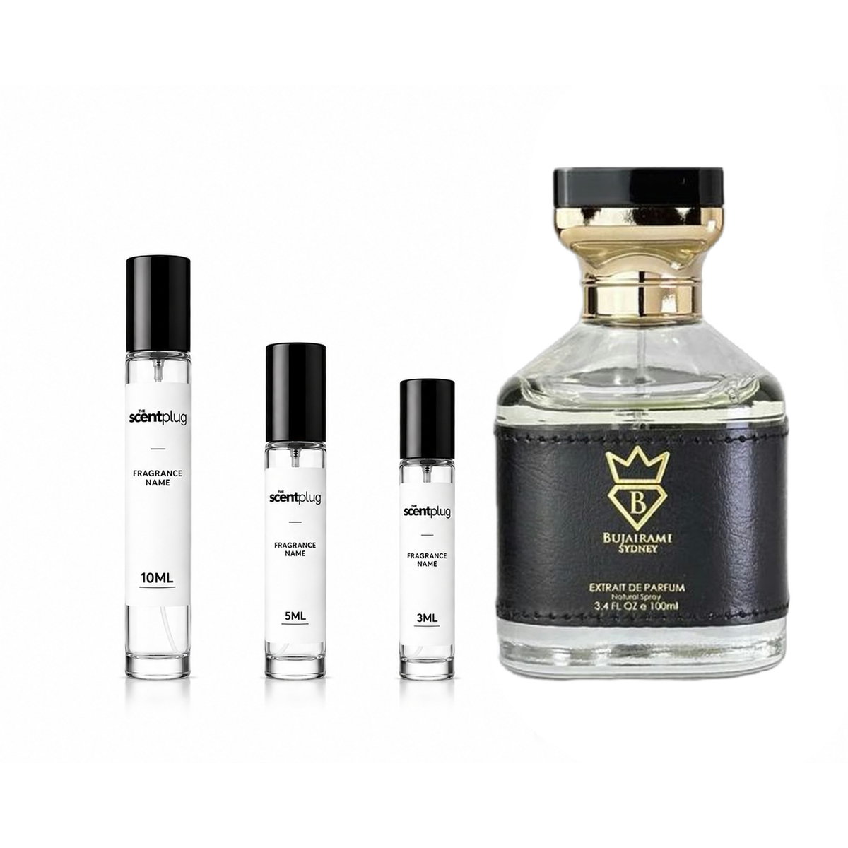 Sample of Kingsman Bujairami fragrance by The Scent Plug, showing the decant bottle with a sleek design and label.