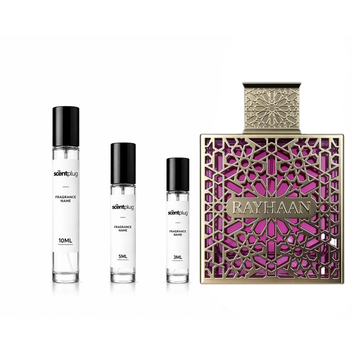 Kiss Rayhaan by The Scent Plug, perfume decant sample bottle with pink and white label showing floral design.