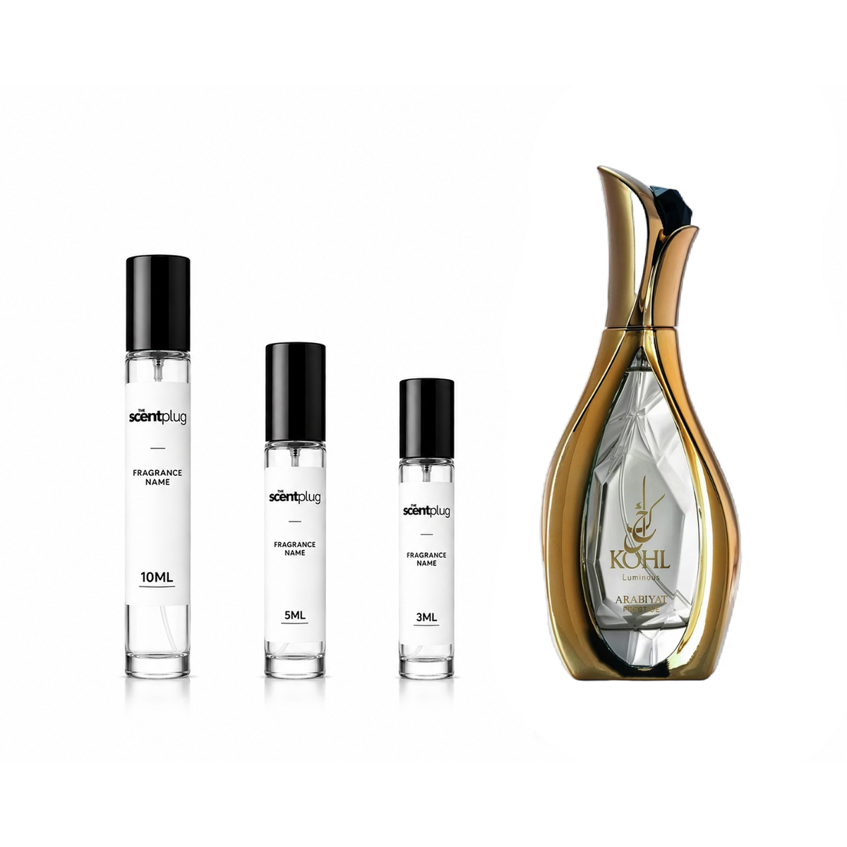 Kohl Luminous Arabiyat Prestige Decant sample bottle from The Scent Plug, featuring elegant packaging and product branding.