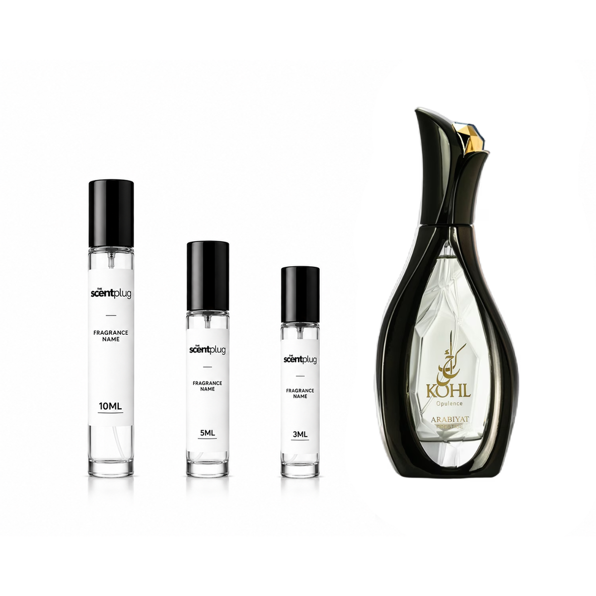 Kohl Opulence Arabiyat Prestige Decant sample bottle by The Scent Plug, showcasing elegant packaging and design.