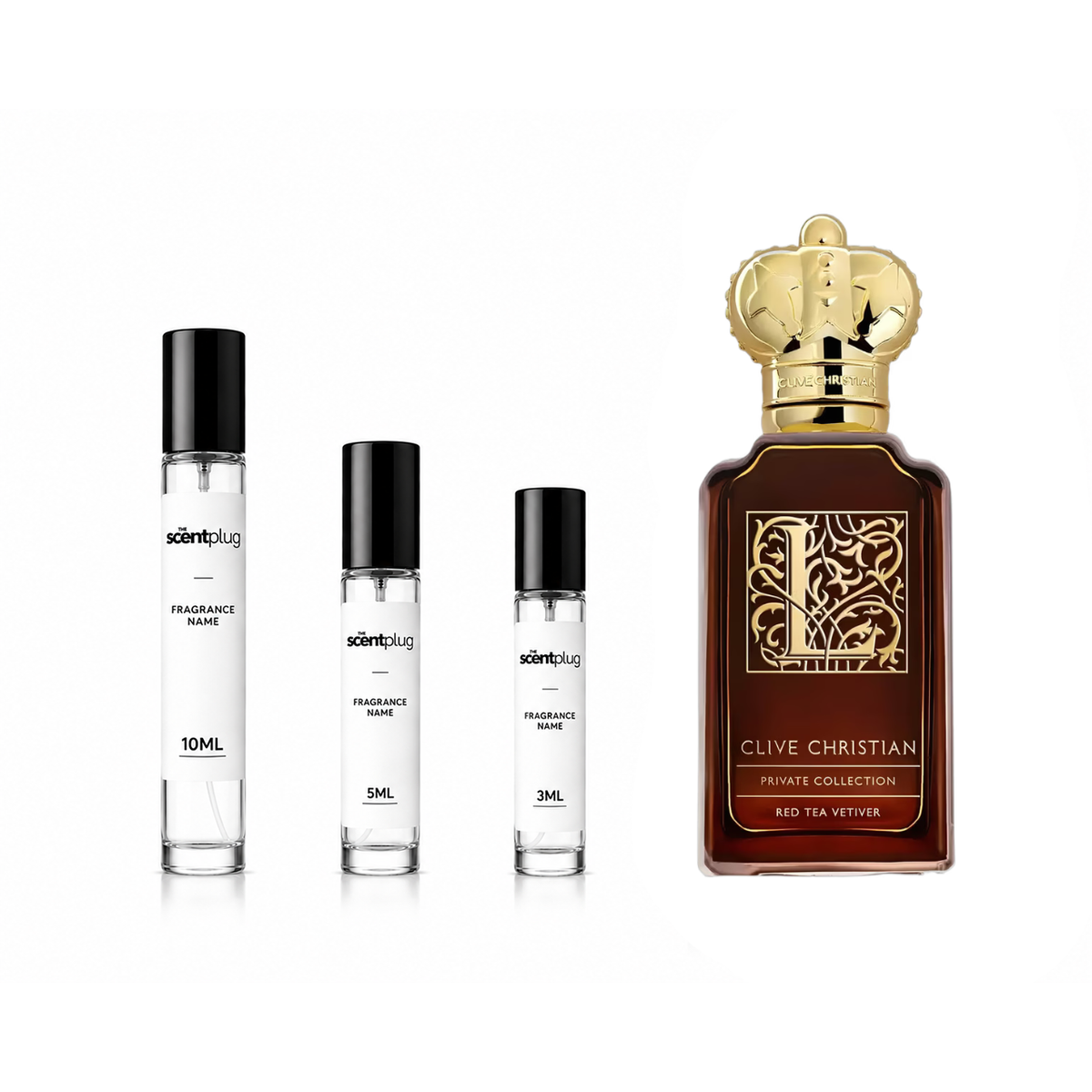 Sample of Clive Christian L Red Tea Vetiver perfume decant showing the small glass bottle with a black cap and label.