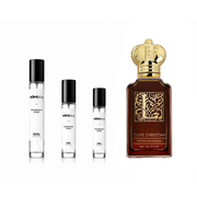 Sample of Clive Christian L Red Tea Vetiver perfume decant showing the small glass bottle with a black cap and label.