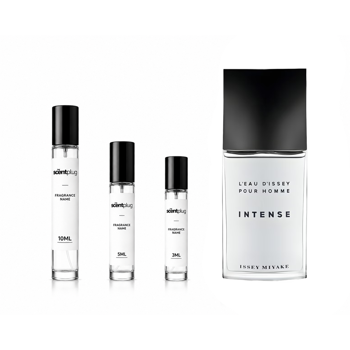Sample decant of L'Eau d'Issey Pour Homme Intense by Issey Miyake, featuring the fragrance bottle and packaging.