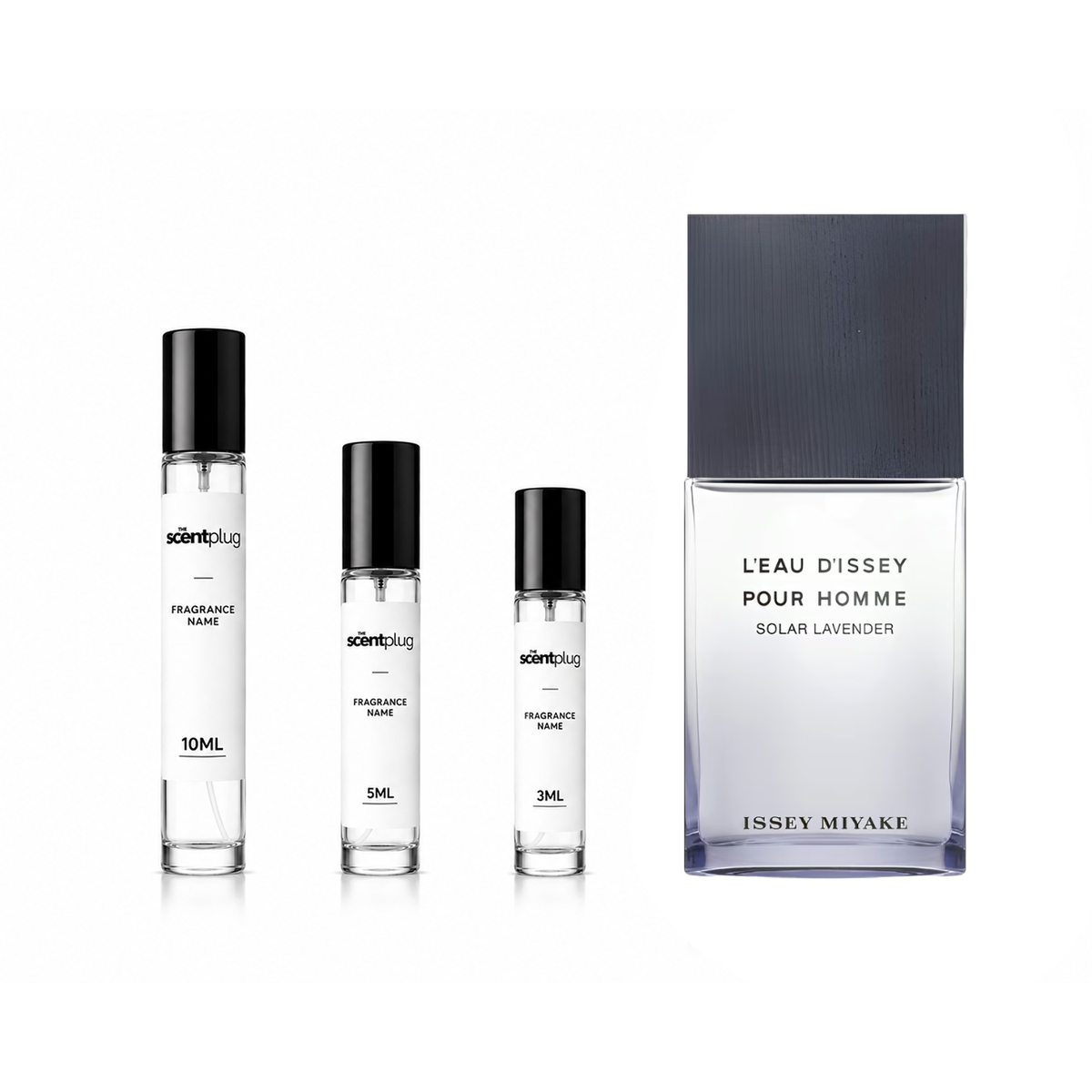 L'Eau d'Issey pour Homme Solar Lavender fragrance sample by Issey Miyake, with a sleek decant bottle and lavender accents.