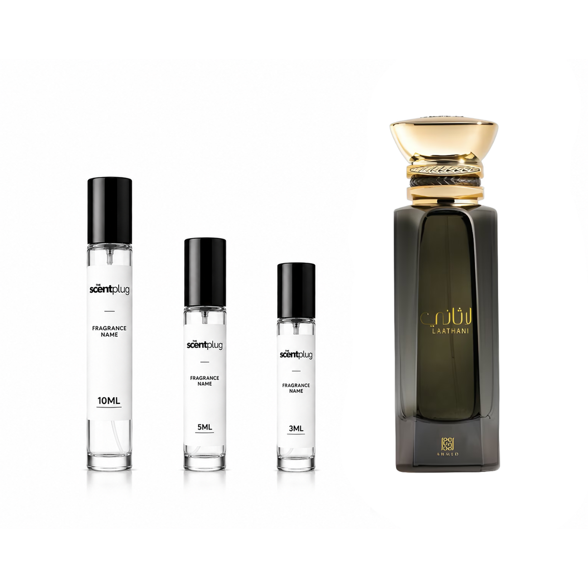 Sample of Laathani Ahmed Al Maghribi perfume decant by The Scent Plug, showing the small glass vial with fragrance label.