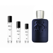 Layton by Parfums de Marly sample decant in a small glass vial with a black cap, showcasing the fragrance for testing or travel use.