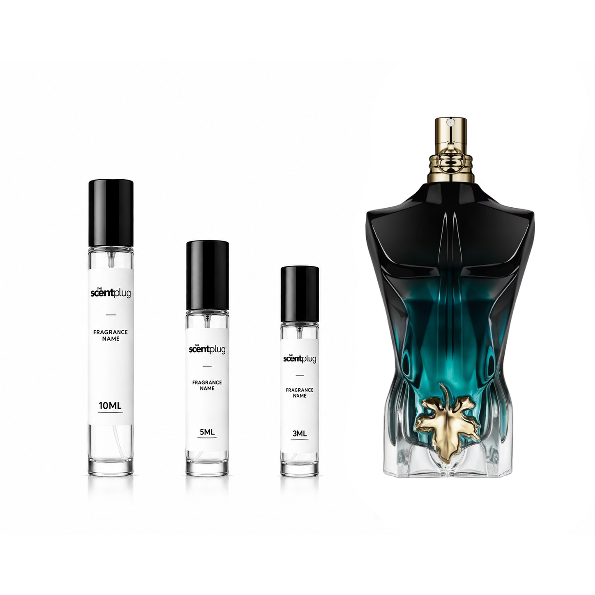 Sample decant of Le Beau Le Parfum by Jean Paul Gaultier in a small glass vial with a black cap from The Scent Plug.