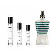 Sample of Le Beau Male by Jean Paul Gaultier, a fragrance decant in a clear bottle with a dark cap, displayed on a neutral background.