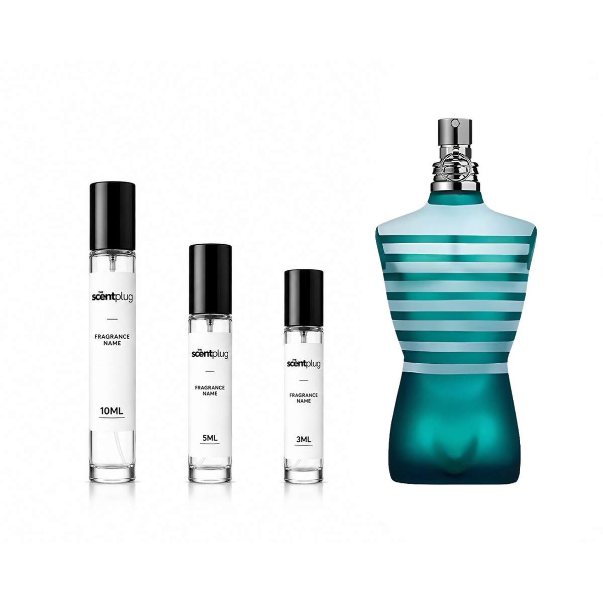 Decant of Le Male by Jean Paul Gaultier, sample bottle with branding, showcasing the iconic fragrance design.