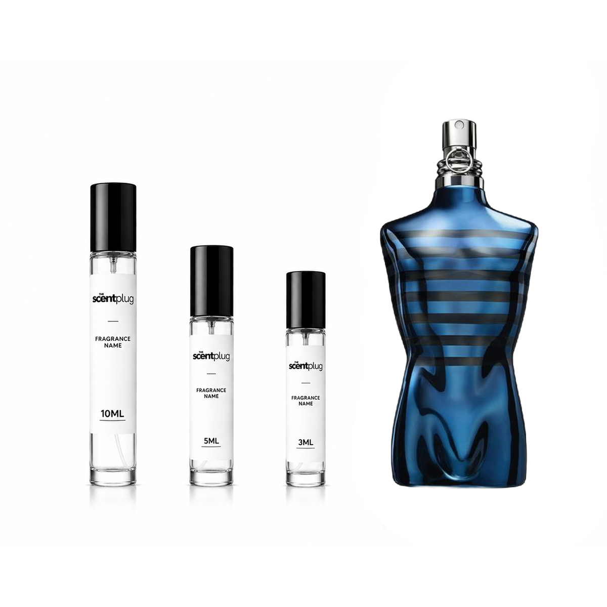 Sample decant of Le Male in Blue Limited Edition Eau de Parfum by The Scent Plug, showcasing the blue perfume bottle.