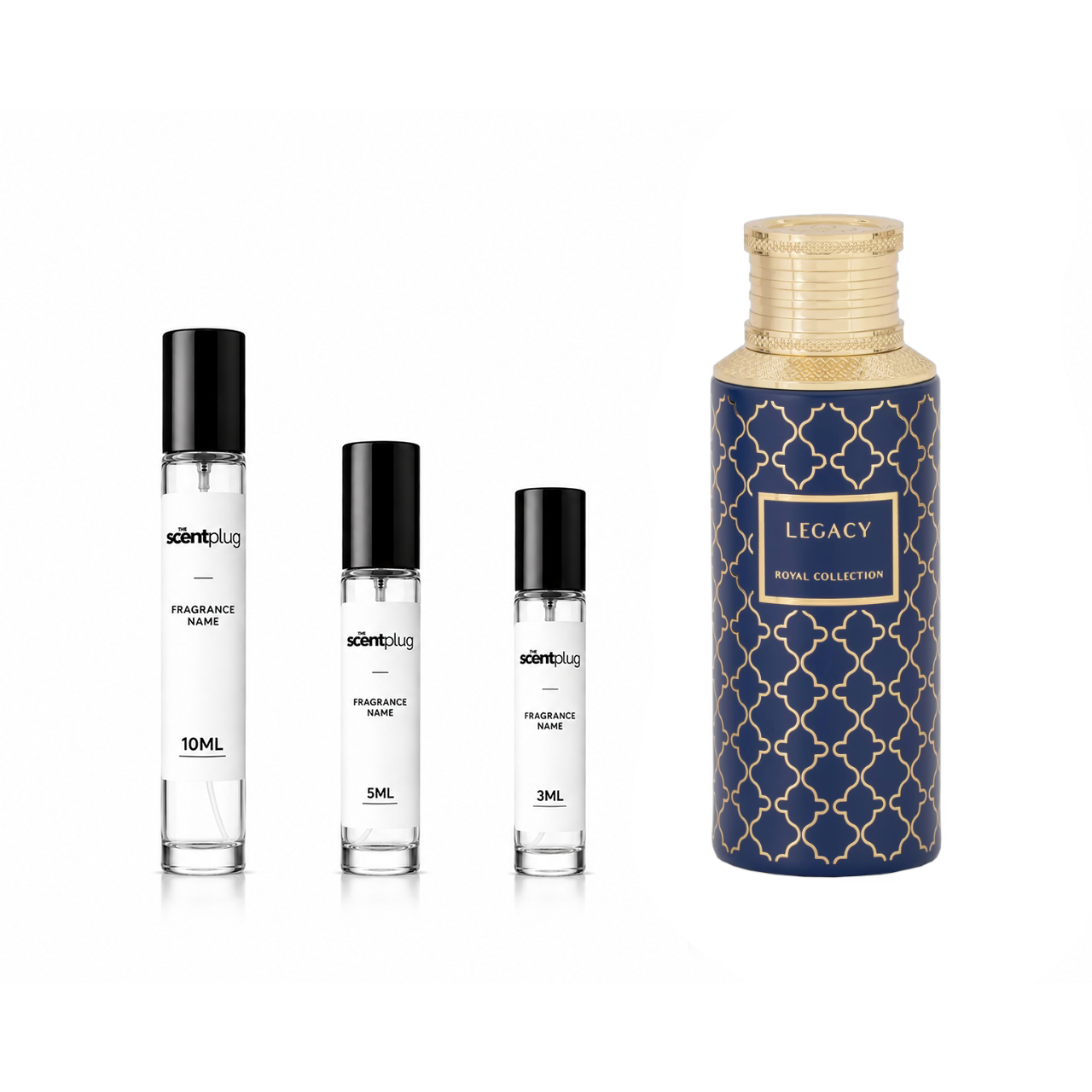 Legacy MAISON ASRAR decant sample by The Scent Plug, featuring a transparent bottle with a black cap and minimalist label.