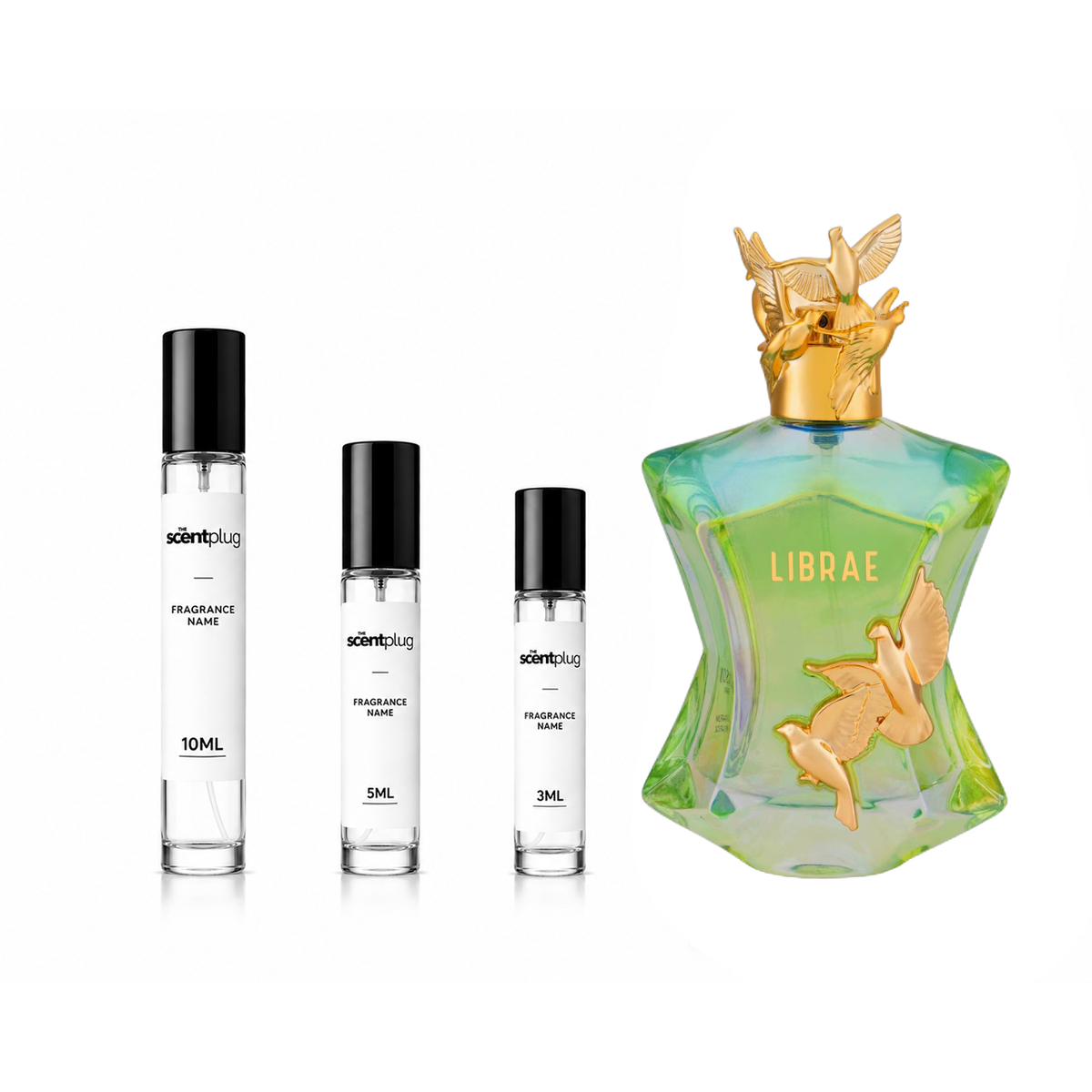 Librae MAISON ASRAR decant sample from The Scent Plug, featuring a sleek glass bottle with elegant branding and a minimalist design.