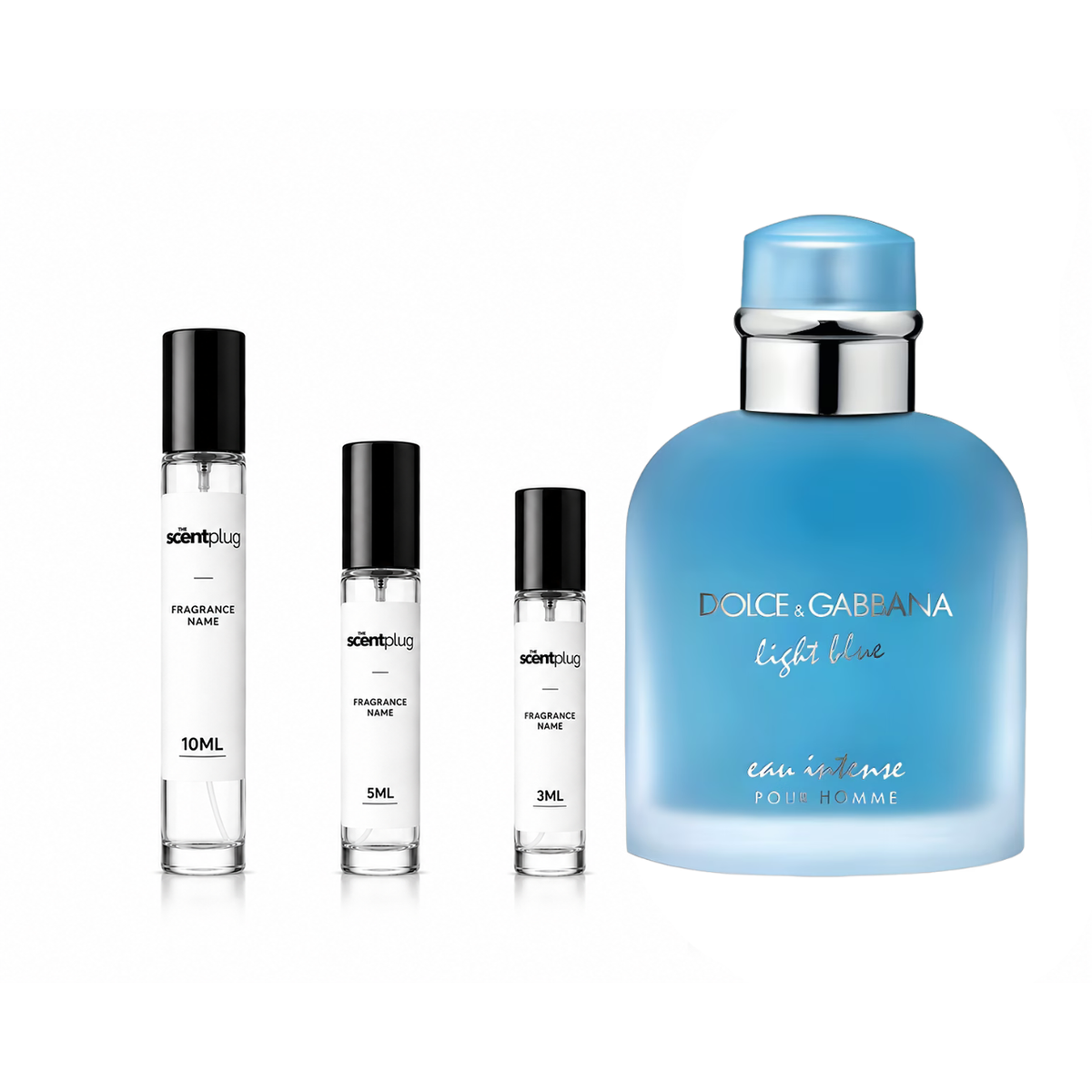 Light blue Eau Intense Pour Homme Dolce & Gabbana decant sample from The Scent Plug, showcasing the fragrance bottle and label.