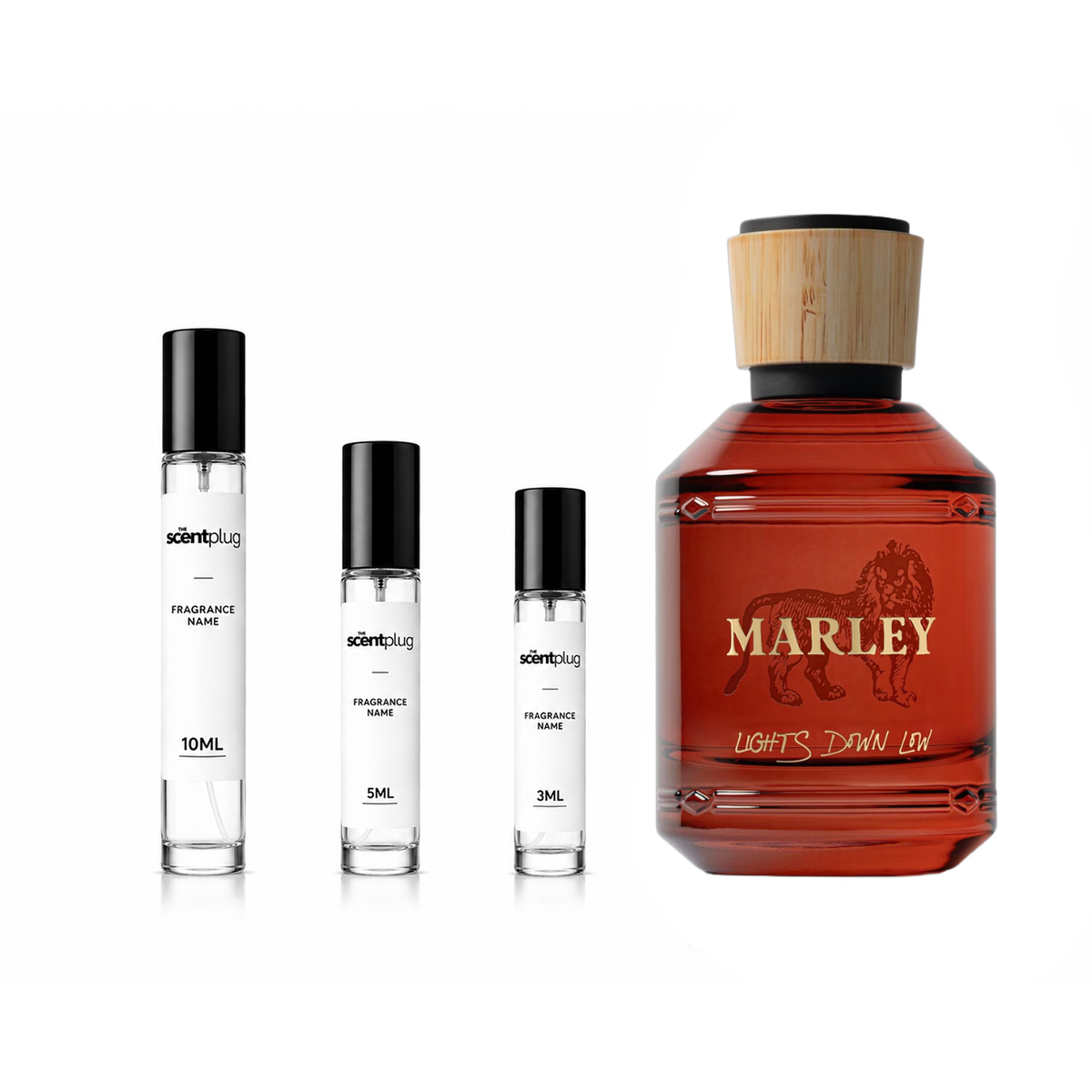 Lights Down Low Marley fragrance decant sample by The Scent Plug, showing a small bottle with a black cap and label.