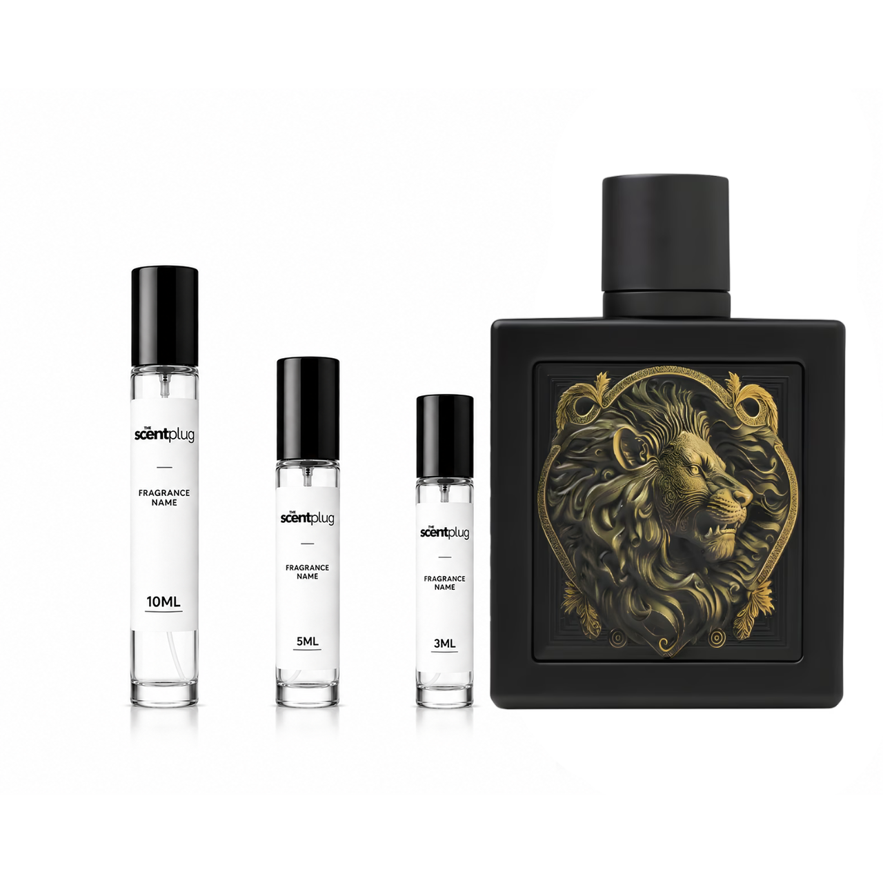 Lion Rayhaan decant sample from The Scent Plug, featuring a clear container with the Lion Rayhaan fragrance label and cap.