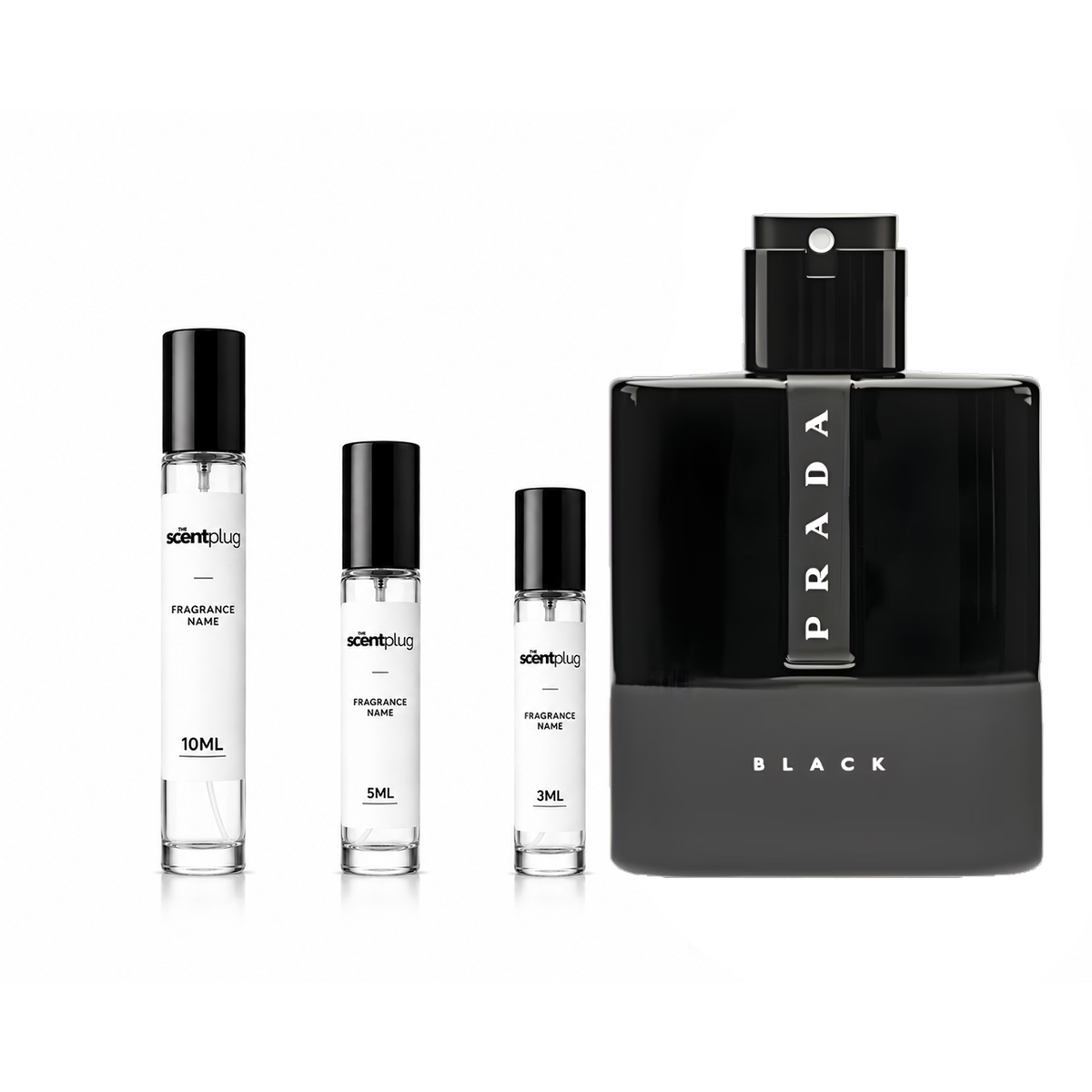 Luna Rossa Black Prada decant sample bottle, showcasing the sleek black packaging and label of this men's fragrance by Prada.