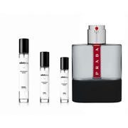 Sample of Luna Rossa Carbon Eau de Toilette by Prada, showing the sleek bottle with a silver cap and dark gray scent liquid.