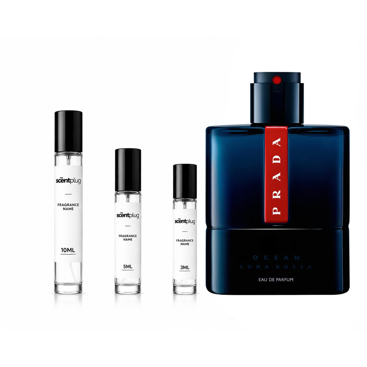 Sample of Luna Rossa Ocean Eau de Parfum by Prada in a decant bottle, showcasing the sleek design and packaging of the fragrance.