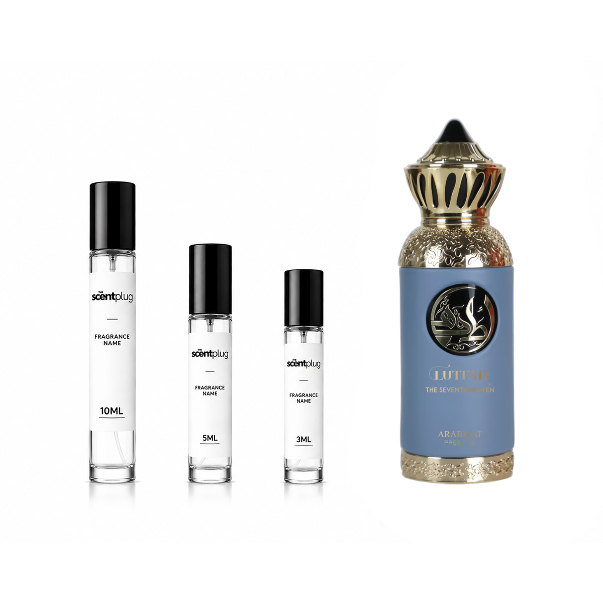 Lutfah The Seventh Heaven Arabiyat Prestige perfume decant by The Scent Plug, showcasing a sleek glass bottle with elegant design.