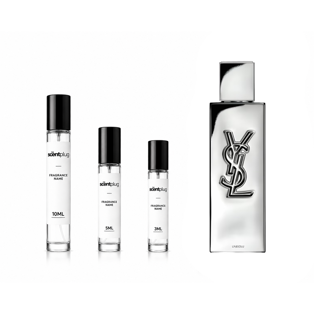 Sample of MYSLF L’Absolu Yves Saint Laurent perfume decant in a sleek bottle, showcasing the elegant fragrance design.
