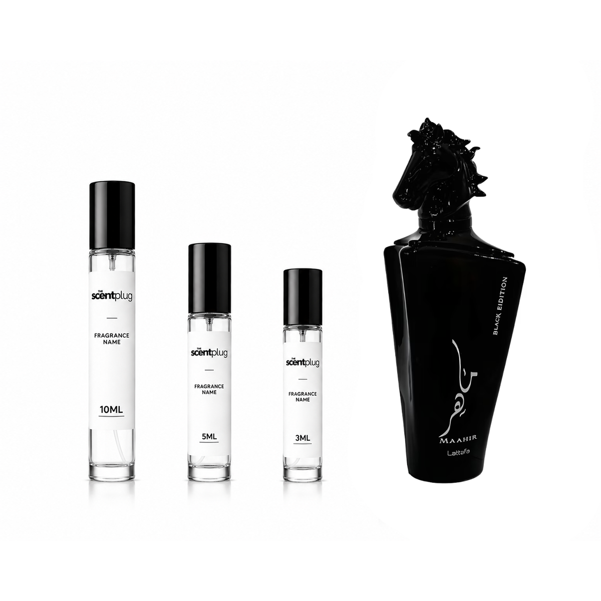 Maahir Black Edition Lattafa Perfumes decant sample from The Scent Plug, showcasing the elegant black bottle and branding.
