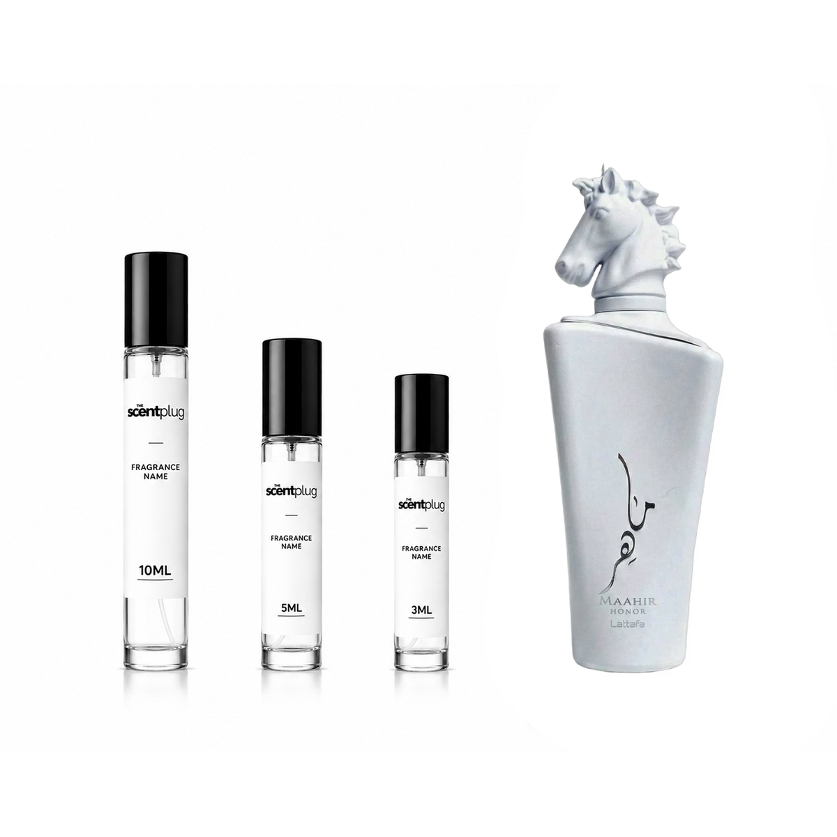Maahir Honor Lattafa Perfumes decant sample bottle from The Scent Plug, showcasing the fragrance packaging and label.