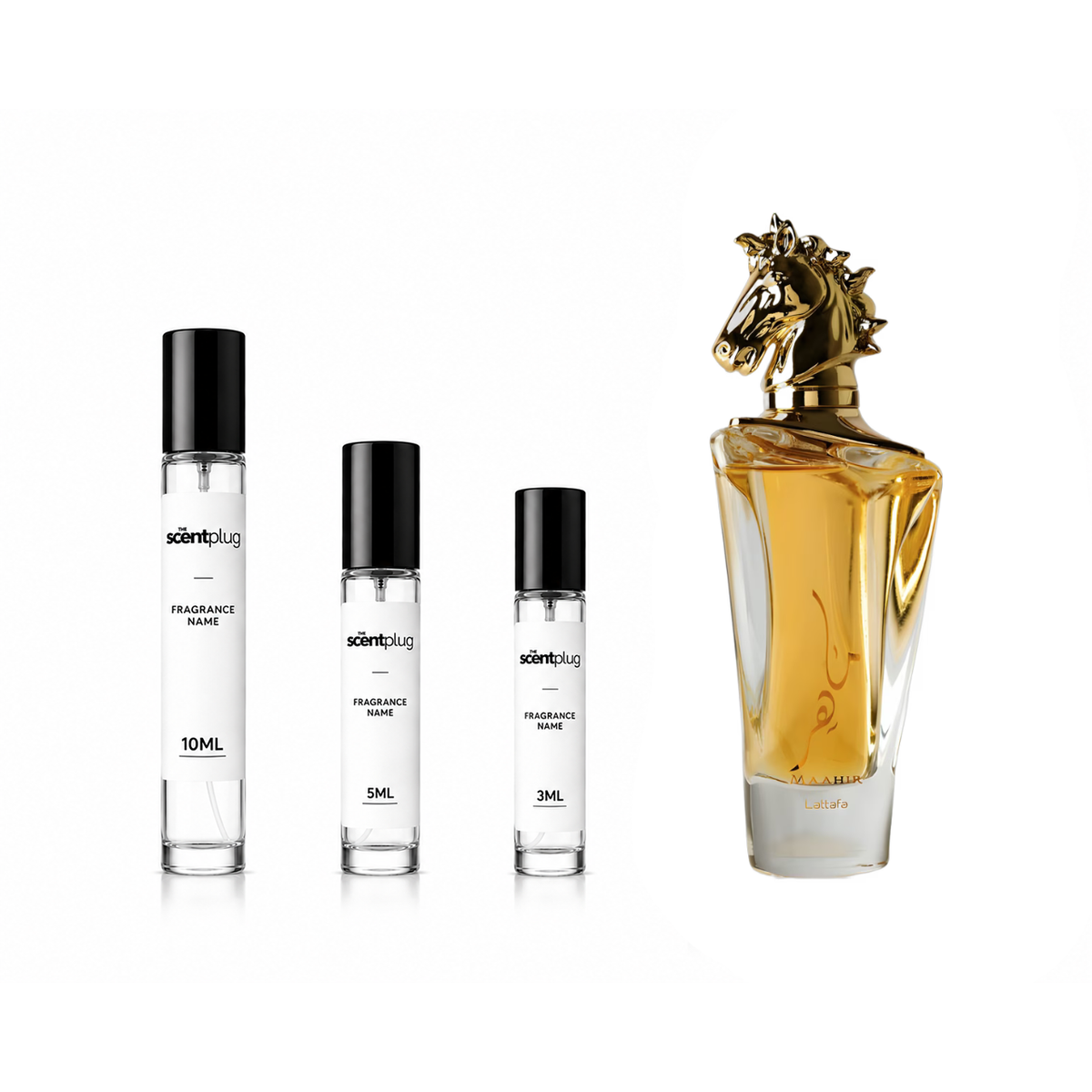 Maahir Lattafa Perfumes decant sample bottle from The Scent Plug, showcasing the fragrance container and label details.