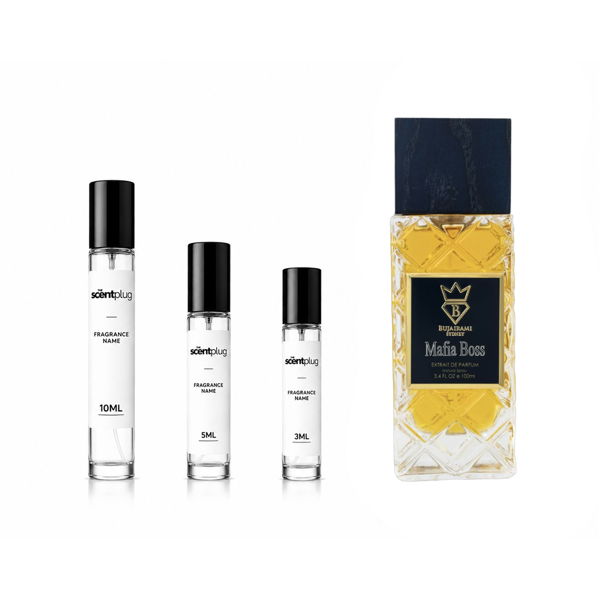 Sample of Mafia Boss Bujairami decant from The Scent Plug, showcasing the elegant glass bottle with a black cap.