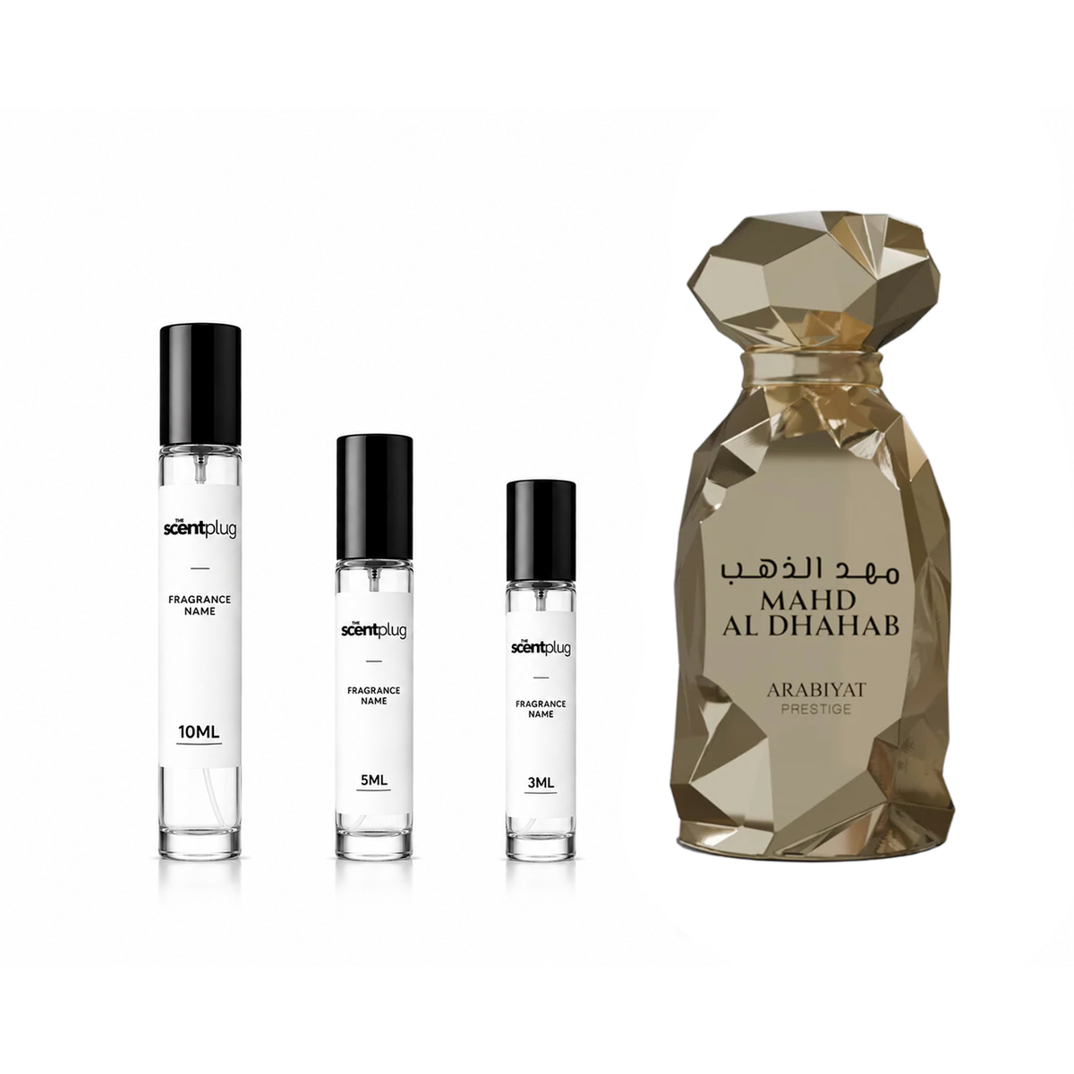 Sample of Mahd Al Dhahab Arabiyat Prestige perfume decant by The Scent Plug, showcasing the elegant bottle design.