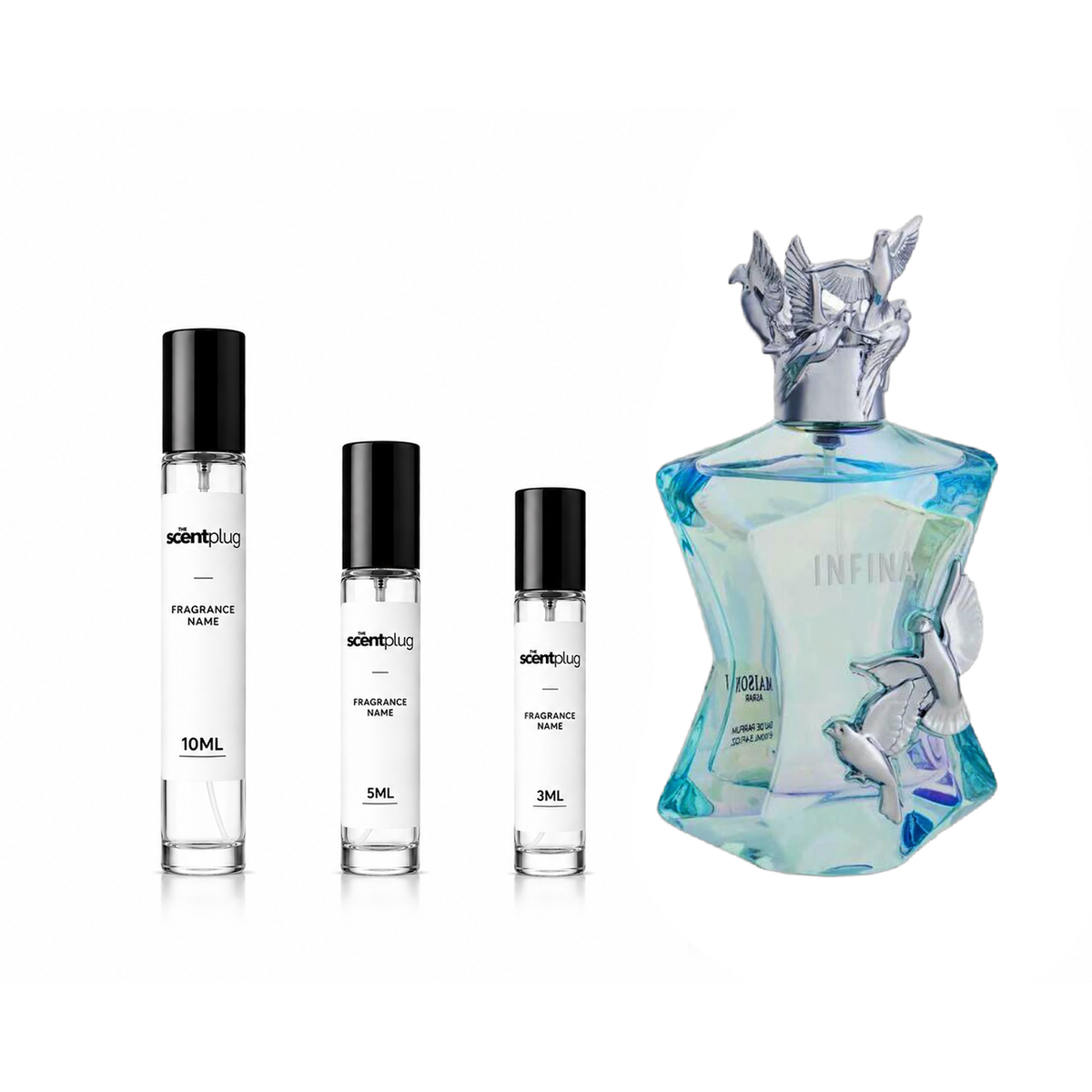 Maison Asrar Infina decant sample by The Scent Plug, featuring a sleek bottle with elegant design and clear fragrance branding.