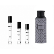 Majesty MAISON ASRAR decant sample by The Scent Plug, featuring a sleek bottle with elegant branding and a clear liquid fragrance.