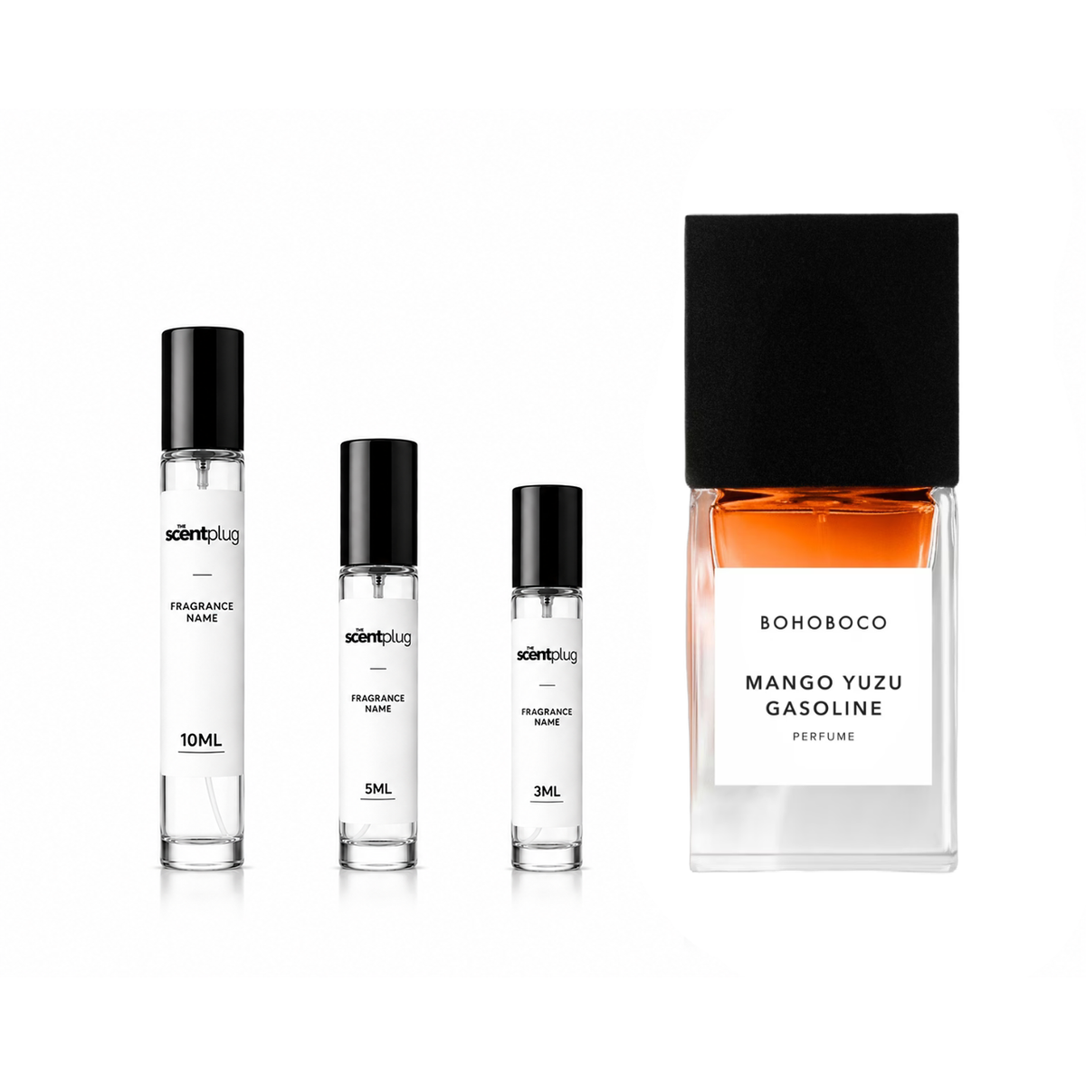 Decant of Mango Yuzu Gasoline by Bohoboco from The Scent Plug, featuring a sample bottle with vibrant citrus and fruity notes.