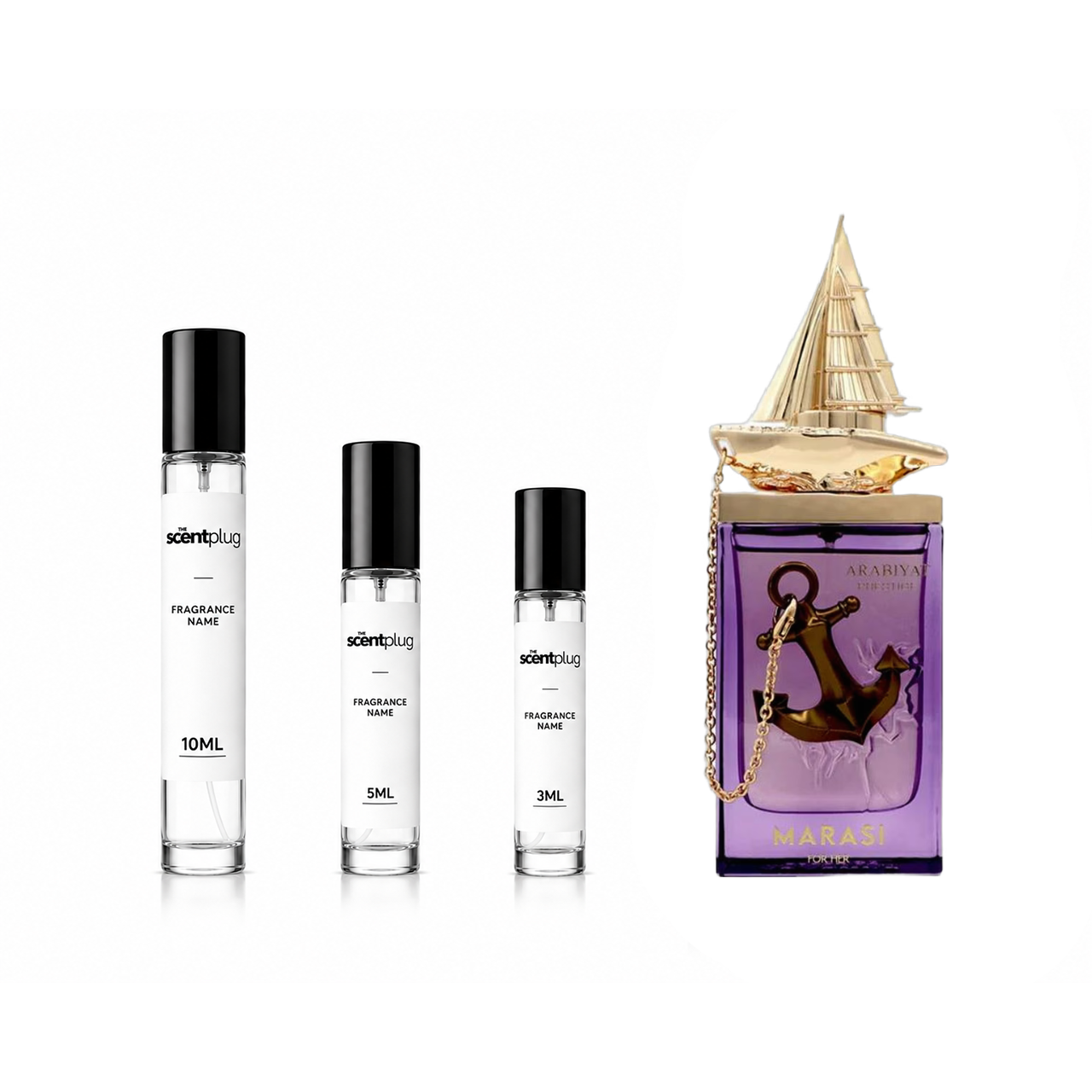 Sample of Marasi For Her Arabiyat Prestige perfume decant by The Scent Plug, featuring elegant packaging and fragrance details.