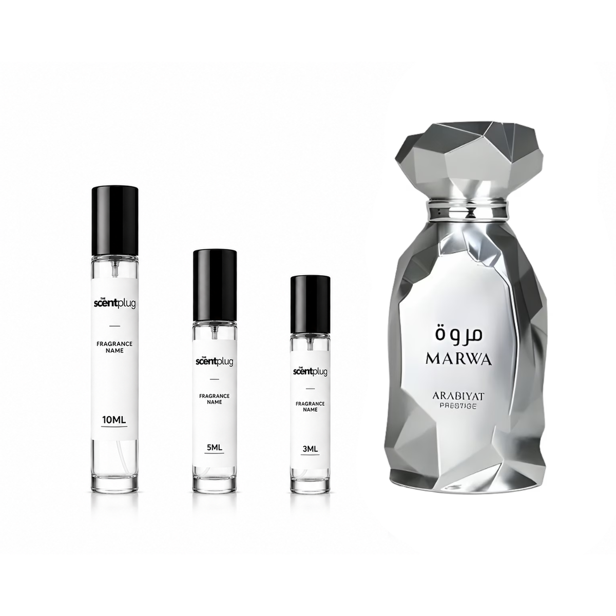 Marwa Arabiyat Prestige decant sample from The Scent Plug, showcasing a sleek perfume bottle with elegant design.