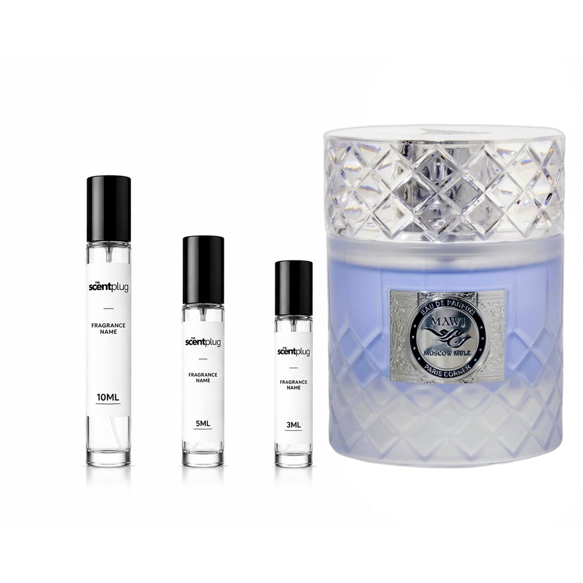 Sample of Mawj Moscow Mule PARIS CORNER Decant by The Scent Plug, showcasing the bottle with a sleek design and label details.