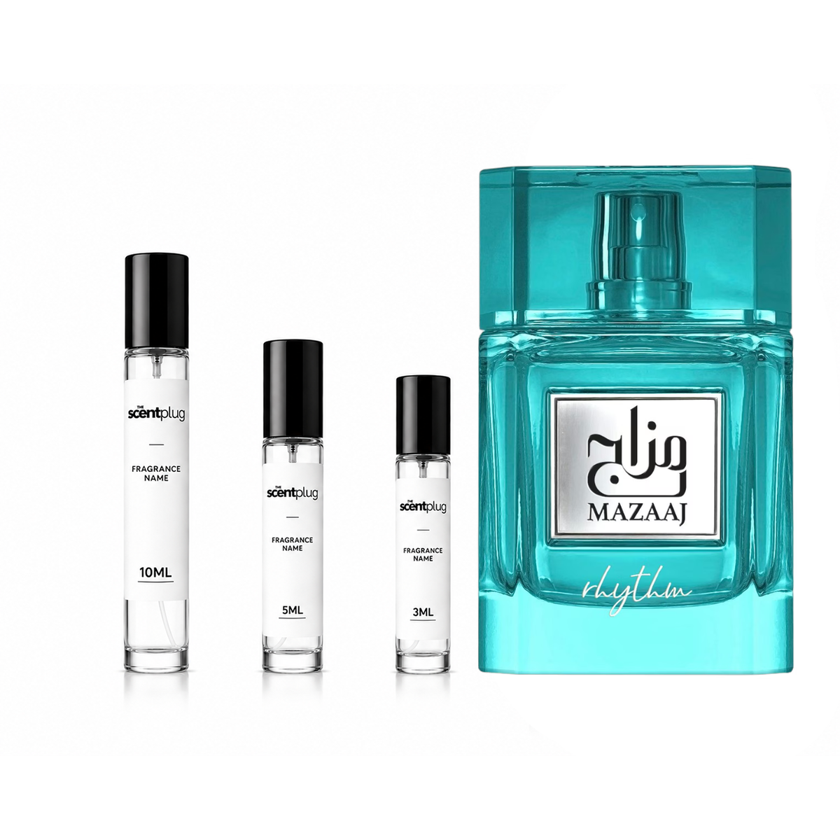 Sample of Mazaaj Rhythm Zimaya decant perfume by The Scent Plug, showing the fragrance bottle with elegant design.