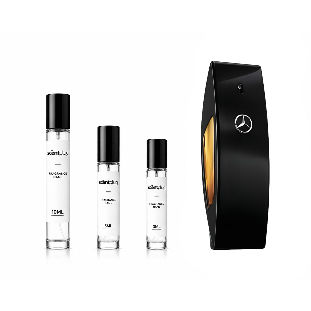 Mercedes Benz Club Black Eau de Toilette sample bottle from The Scent Plug, featuring sleek black packaging and fragrance details.