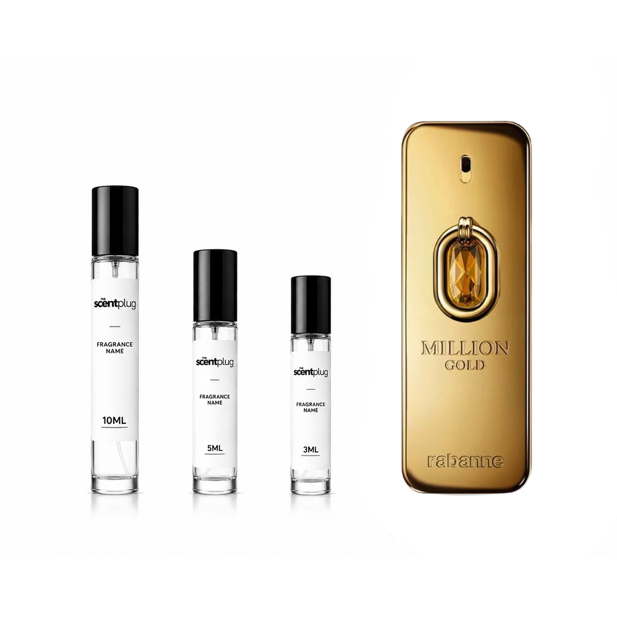 Sample of The Scent Plug Million Gold Elixir by Rabanne in a decant bottle, showcasing the luxurious fragrance design.