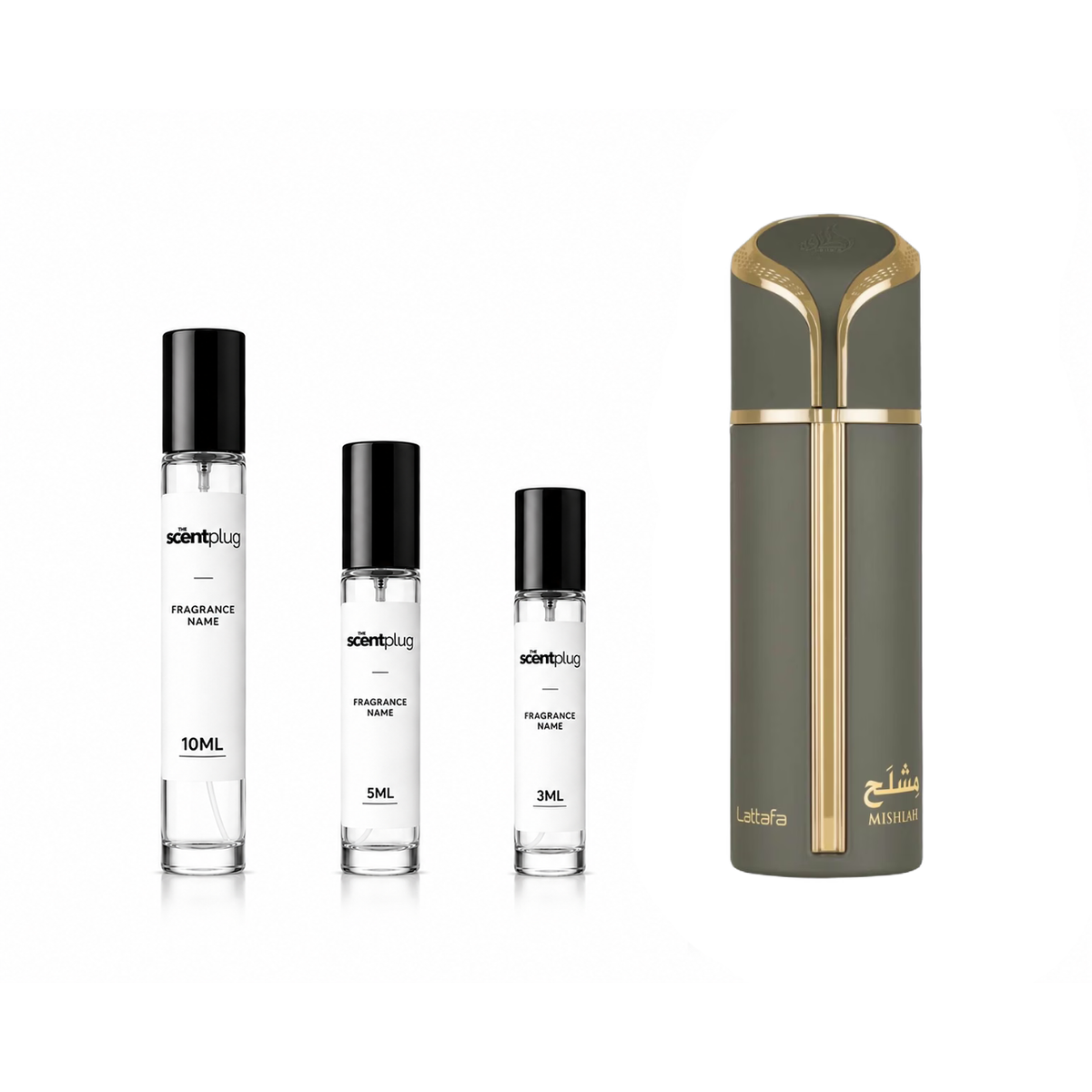 Sample of Mishlah by Lattafa Perfumes in a decant bottle, showcasing the fragrance with a sleek, clear container.