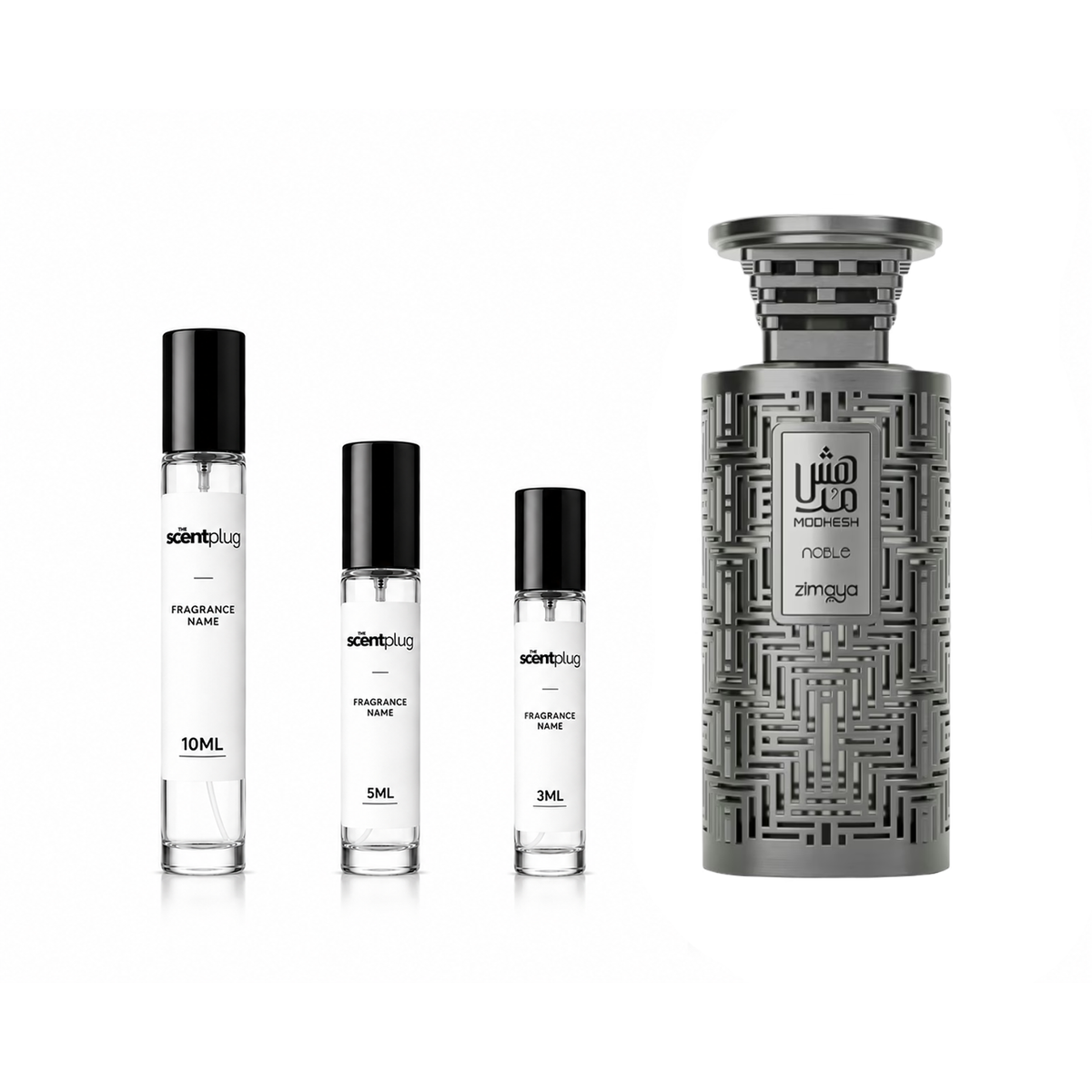 Sample of Modhesh Noble Zimaya decant by The Scent Plug, showcasing the fragrance bottle with elegant design.